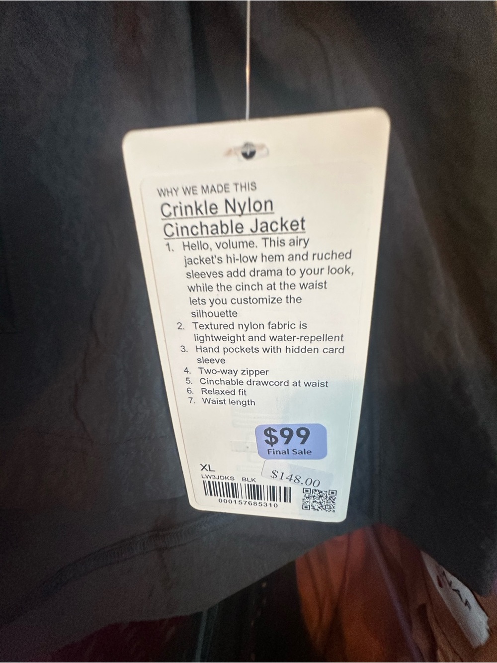Lululemon Crinkle Nylon Cinchable Jacket XL Black Lightweight Windbreaker NWT - Picture 2 of 3